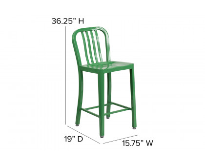 BLNK Gael Commercial Metal Indoor-Outdoor Counter Height Stool with Vertical Slat Back - Green