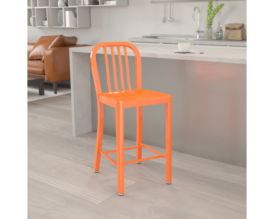 BLNK Gael Commercial Metal Indoor-Outdoor Counter Height Stool with Vertical Slat Back - Orange