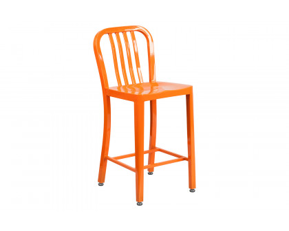 BLNK Gael Commercial Metal Indoor-Outdoor Counter Height Stool with Vertical Slat Back - Orange