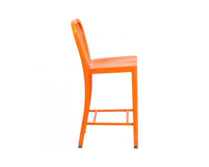 BLNK Gael Commercial Metal Indoor-Outdoor Counter Height Stool with Vertical Slat Back - Orange