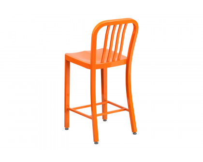 BLNK Gael Commercial Metal Indoor-Outdoor Counter Height Stool with Vertical Slat Back - Orange