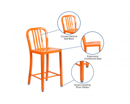 BLNK Gael Commercial Metal Indoor-Outdoor Counter Height Stool with Vertical Slat Back - Orange