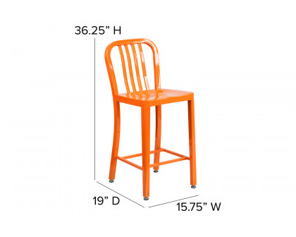 BLNK Gael Commercial Metal Indoor-Outdoor Counter Height Stool with Vertical Slat Back - Orange