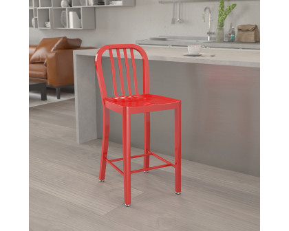 BLNK Gael Commercial Metal Indoor-Outdoor Counter Height Stool with Vertical Slat Back