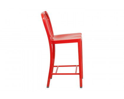 BLNK Gael Commercial Metal Indoor-Outdoor Counter Height Stool with Vertical Slat Back - Red