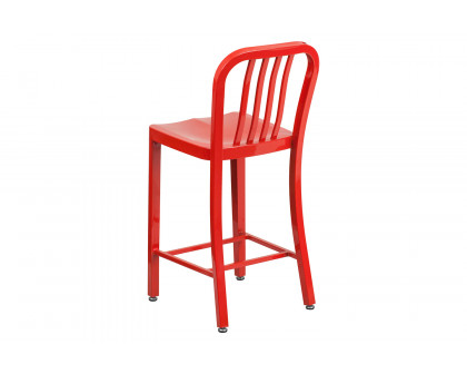 BLNK Gael Commercial Metal Indoor-Outdoor Counter Height Stool with Vertical Slat Back - Red