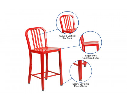 BLNK Gael Commercial Metal Indoor-Outdoor Counter Height Stool with Vertical Slat Back - Red