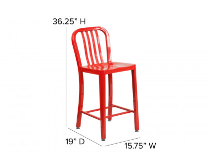 BLNK Gael Commercial Metal Indoor-Outdoor Counter Height Stool with Vertical Slat Back - Red