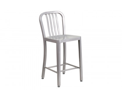 BLNK Gael Commercial Metal Indoor-Outdoor Counter Height Stool with Vertical Slat Back - Silver