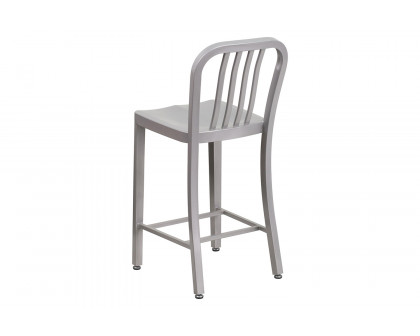 BLNK Gael Commercial Metal Indoor-Outdoor Counter Height Stool with Vertical Slat Back - Silver