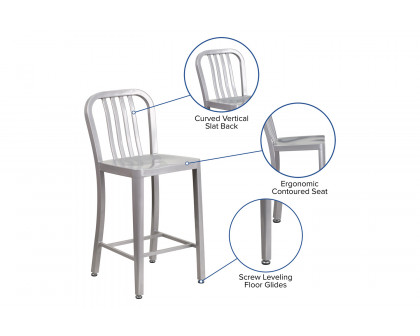 BLNK Gael Commercial Metal Indoor-Outdoor Counter Height Stool with Vertical Slat Back - Silver