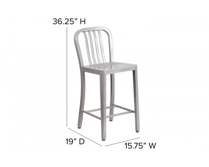 BLNK Gael Commercial Metal Indoor-Outdoor Counter Height Stool with Vertical Slat Back - Silver