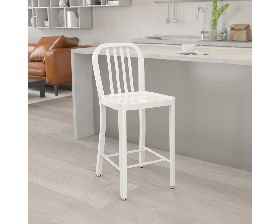 BLNK Gael Commercial Metal Indoor-Outdoor Counter Height Stool with Vertical Slat Back - White