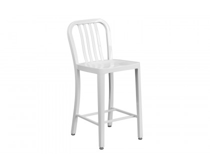 BLNK Gael Commercial Metal Indoor-Outdoor Counter Height Stool with Vertical Slat Back - White