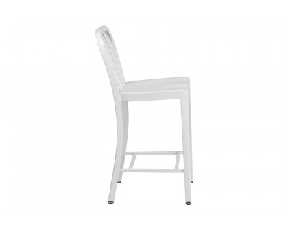 BLNK Gael Commercial Metal Indoor-Outdoor Counter Height Stool with Vertical Slat Back - White