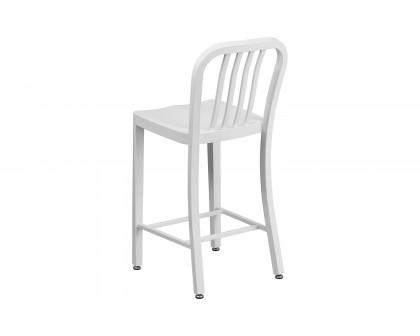 BLNK Gael Commercial Metal Indoor-Outdoor Counter Height Stool with Vertical Slat Back - White