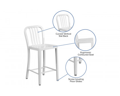 BLNK Gael Commercial Metal Indoor-Outdoor Counter Height Stool with Vertical Slat Back - White