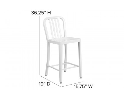 BLNK Gael Commercial Metal Indoor-Outdoor Counter Height Stool with Vertical Slat Back - White