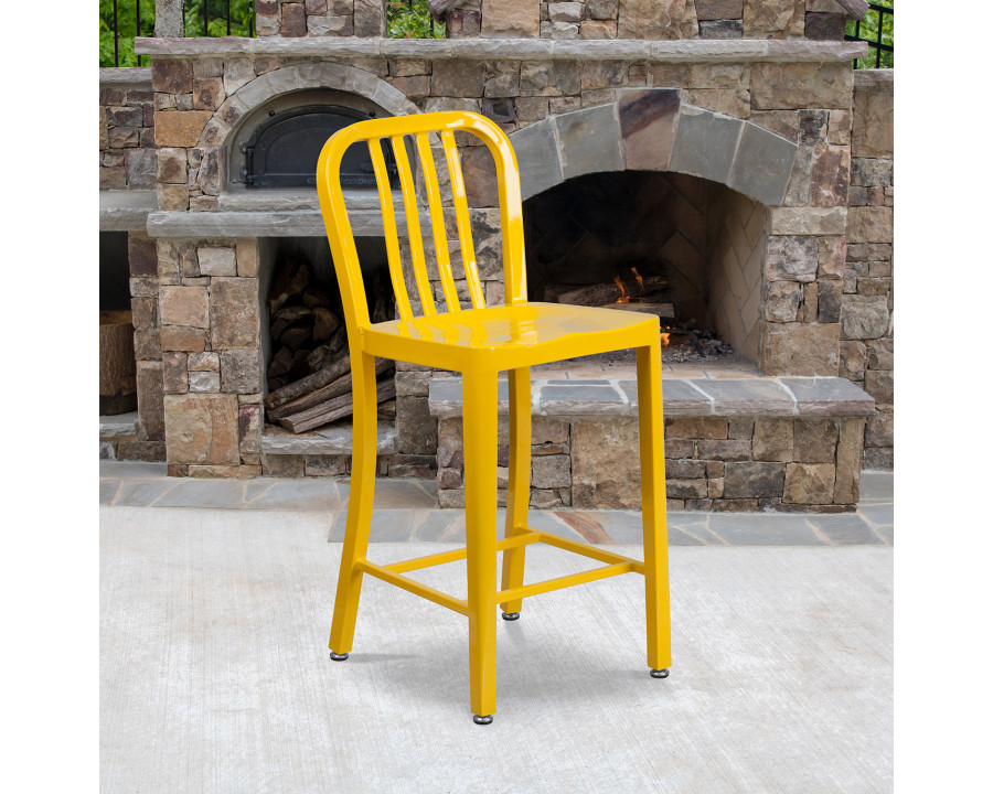 BLNK Gael Commercial Metal Indoor-Outdoor Counter Height Stool with Vertical Slat Back - Yellow