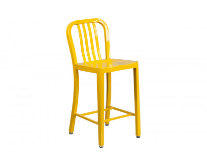 BLNK Gael Commercial Metal Indoor-Outdoor Counter Height Stool with Vertical Slat Back - Yellow