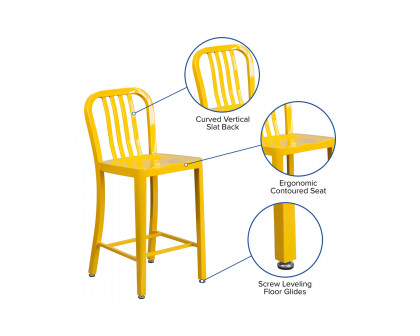 BLNK Gael Commercial Metal Indoor-Outdoor Counter Height Stool with Vertical Slat Back - Yellow