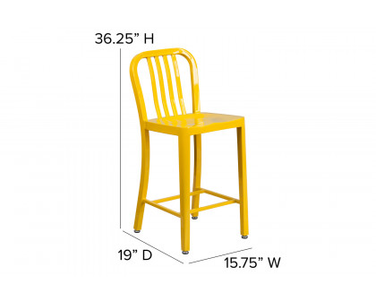 BLNK Gael Commercial Metal Indoor-Outdoor Counter Height Stool with Vertical Slat Back - Yellow