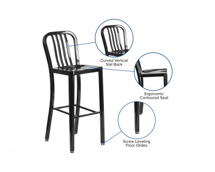 BLNK Gael Commercial Metal Indoor-Outdoor Bar Stool with Vertical Slat Back - Black