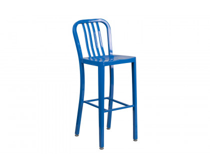 BLNK Gael Commercial Metal Indoor-Outdoor Bar Stool with Vertical Slat Back - Blue