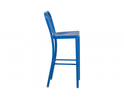 BLNK Gael Commercial Metal Indoor-Outdoor Bar Stool with Vertical Slat Back - Blue