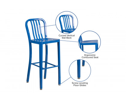 BLNK Gael Commercial Metal Indoor-Outdoor Bar Stool with Vertical Slat Back - Blue