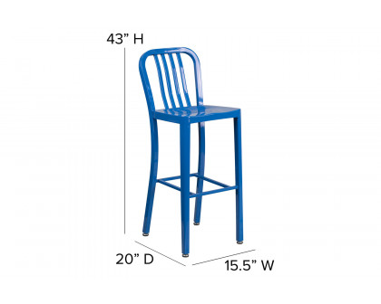 BLNK Gael Commercial Metal Indoor-Outdoor Bar Stool with Vertical Slat Back - Blue