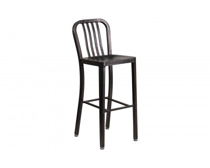 BLNK Gael Commercial Metal Indoor-Outdoor Bar Stool with Vertical Slat Back - Black/Antique Gold