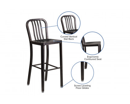 BLNK Gael Commercial Metal Indoor-Outdoor Bar Stool with Vertical Slat Back - Black/Antique Gold