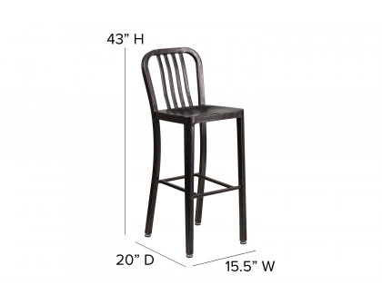 BLNK Gael Commercial Metal Indoor-Outdoor Bar Stool with Vertical Slat Back - Black/Antique Gold