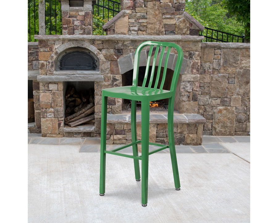 BLNK Gael Commercial Metal Indoor-Outdoor Bar Stool with Vertical Slat Back - Green