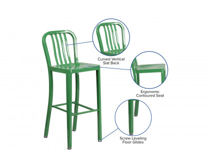 BLNK Gael Commercial Metal Indoor-Outdoor Bar Stool with Vertical Slat Back - Green