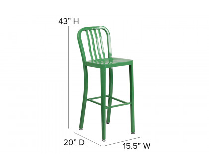 BLNK Gael Commercial Metal Indoor-Outdoor Bar Stool with Vertical Slat Back - Green