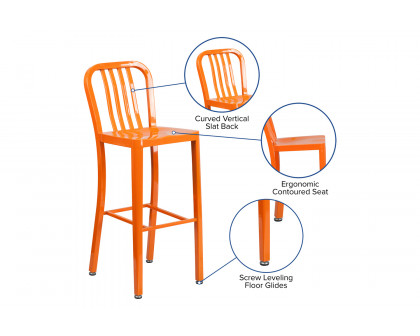 BLNK Gael Commercial Metal Indoor-Outdoor Bar Stool with Vertical Slat Back - Orange