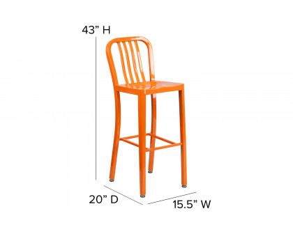 BLNK Gael Commercial Metal Indoor-Outdoor Bar Stool with Vertical Slat Back - Orange