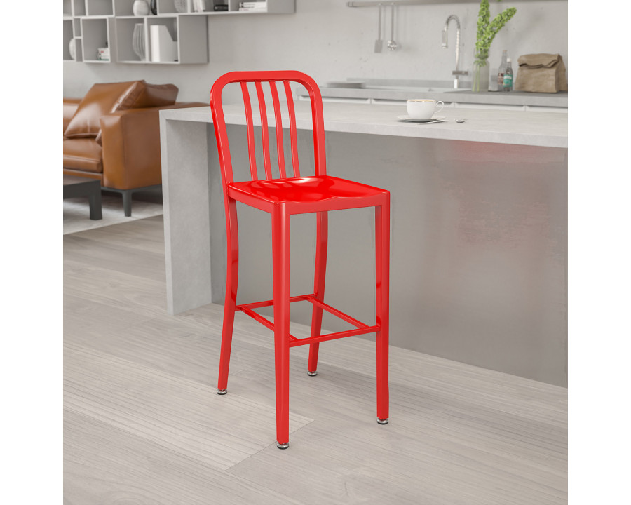 BLNK Gael Commercial Metal Indoor-Outdoor Bar Stool with Vertical Slat Back - Red