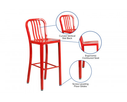 BLNK Gael Commercial Metal Indoor-Outdoor Bar Stool with Vertical Slat Back - Red