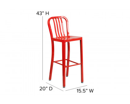 BLNK Gael Commercial Metal Indoor-Outdoor Bar Stool with Vertical Slat Back - Red