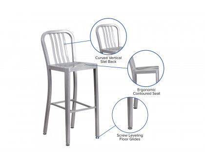 BLNK Gael Commercial Metal Indoor-Outdoor Bar Stool with Vertical Slat Back - Silver