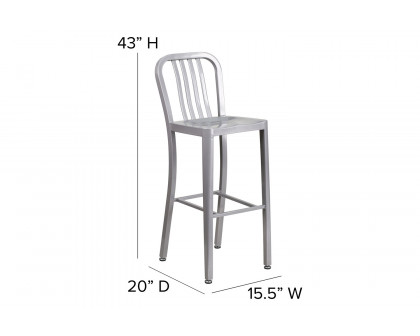 BLNK Gael Commercial Metal Indoor-Outdoor Bar Stool with Vertical Slat Back - Silver