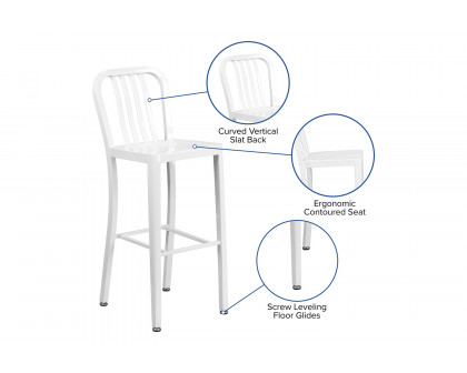 BLNK Gael Commercial Metal Indoor-Outdoor Bar Stool with Vertical Slat Back - White