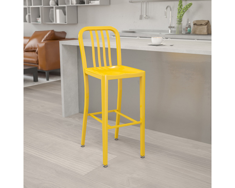 BLNK Gael Commercial Metal Indoor-Outdoor Bar Stool with Vertical Slat Back - Yellow