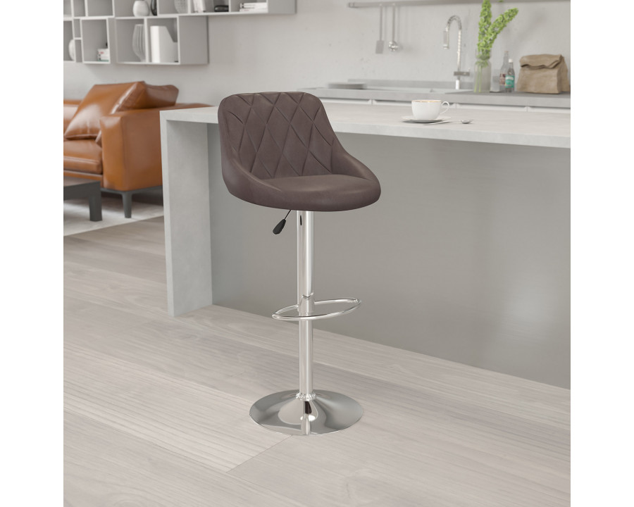 BLNK Dale Contemporary Vinyl Bucket Seat Adjustable Height Bar Stool with Diamond Pattern Back and Chrome Base - Brown