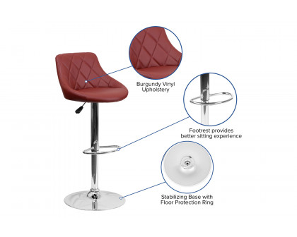 BLNK™ Dale Contemporary Vinyl Bucket Seat Adjustable Height Bar Stool with Diamond Pattern Back and Chrome Base - Burgundy