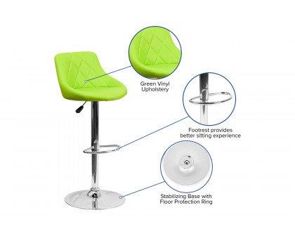 BLNK Dale Contemporary Vinyl Bucket Seat Adjustable Height Bar Stool with Diamond Pattern Back and Chrome Base - Green