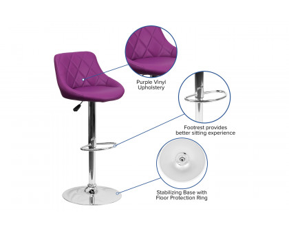 BLNK Dale Contemporary Vinyl Bucket Seat Adjustable Height Bar Stool with Diamond Pattern Back and Chrome Base - Purple